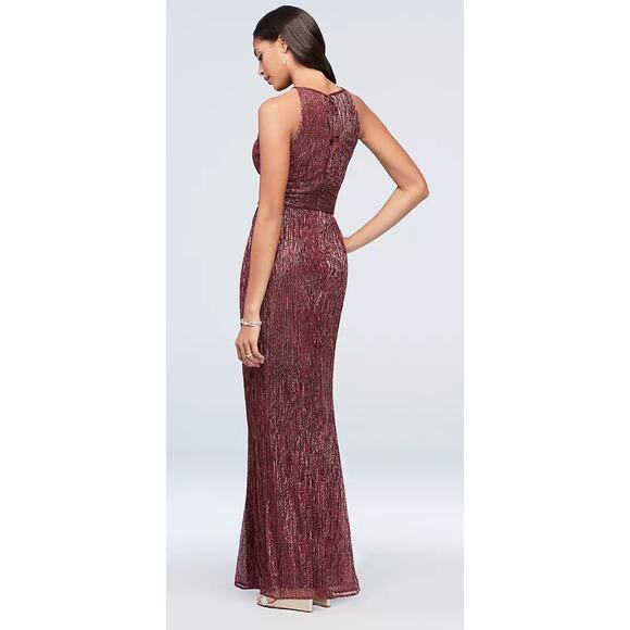 H5 R&M Richards Metallic A Line Gown Womens 16 Halter Burgundy - Picture 2 of 10